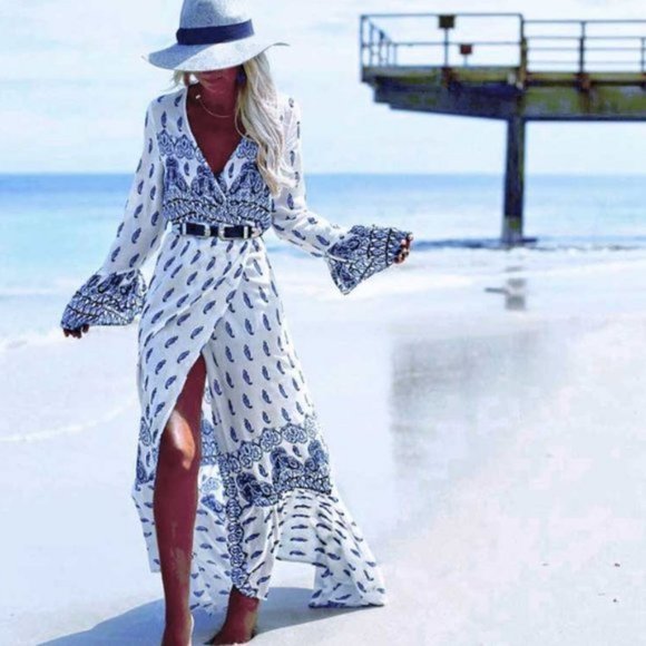 Dresses & Skirts - White blue Boho gypsy print wrap maxi dress
